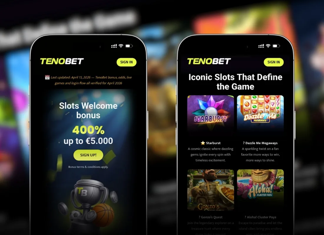 Tenobet non Gamstop mobile app showing the 400% slots welcome bonus and iconic slot titles